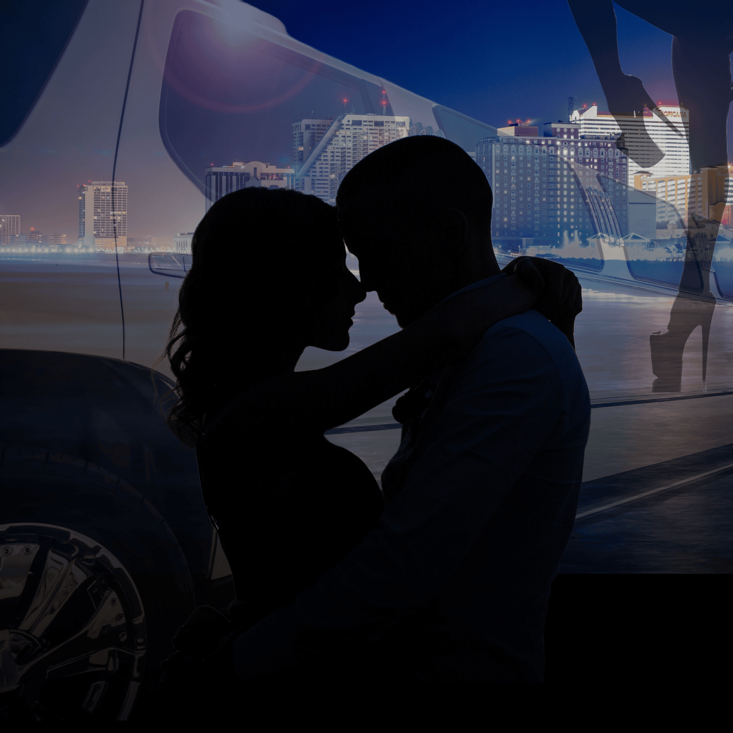 Silhouette of a couple embracing in front of a car with city skyline in the background