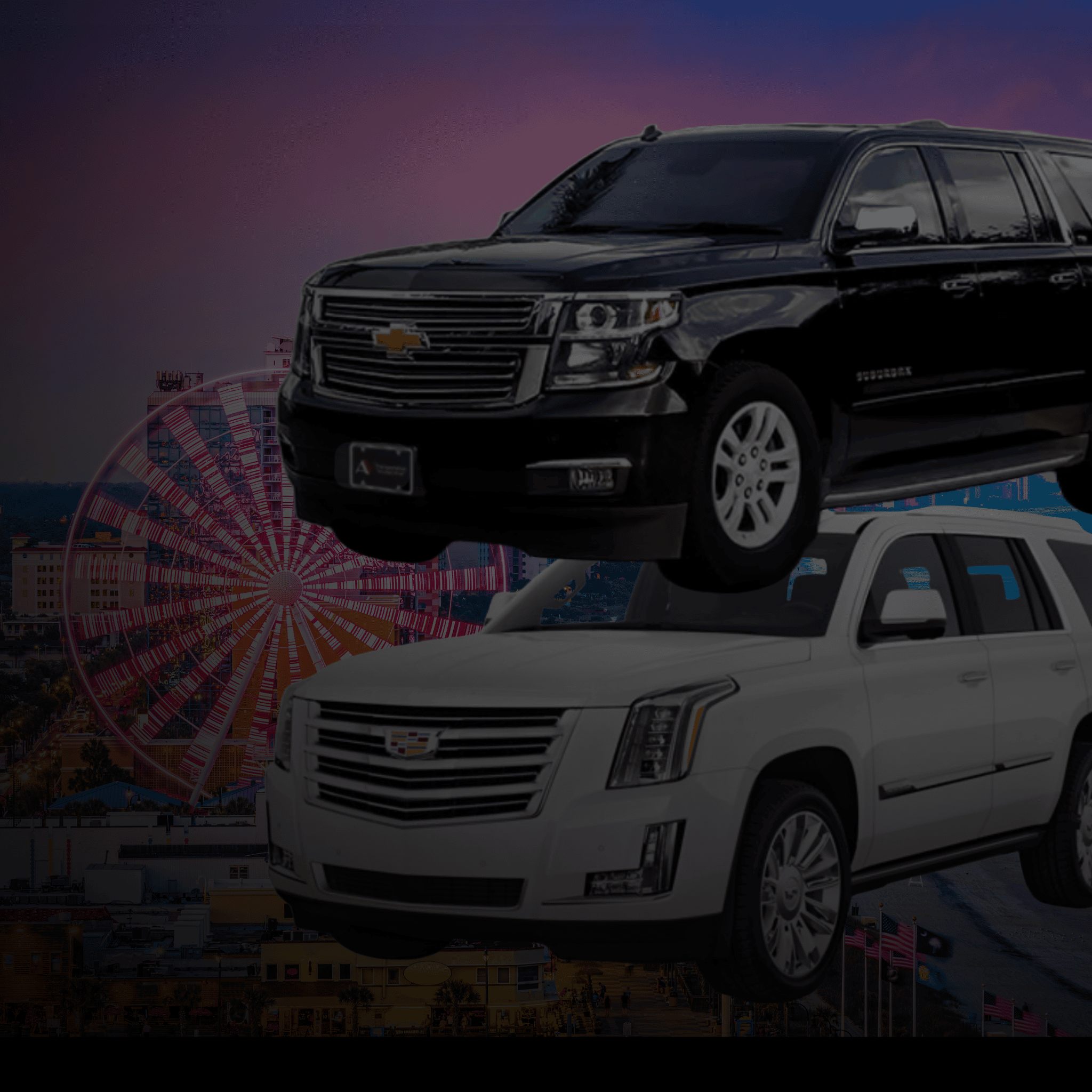 Two SUVs, one black and one white, with a Ferris wheel and roller coaster in the background.