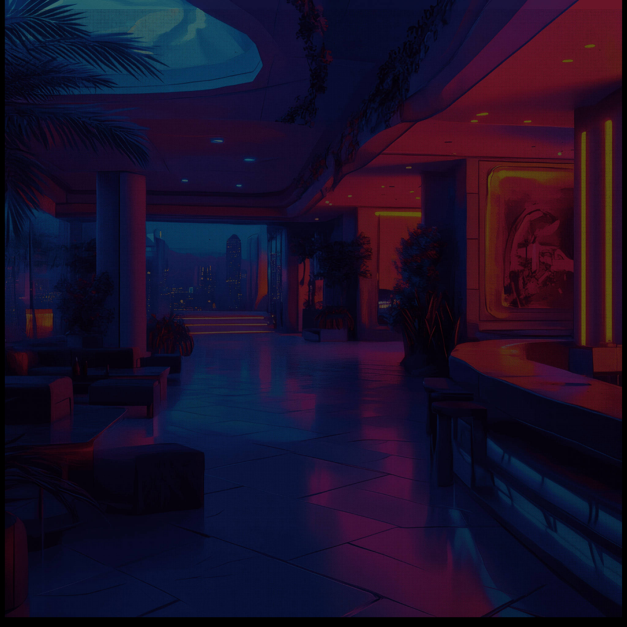 Darkly lit indoor setting with a bar and palm trees
