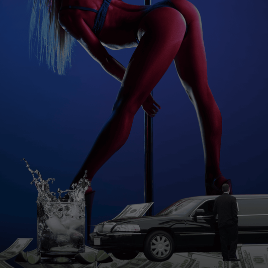 Woman in red outfit on a pole with a car and glass of water in the background