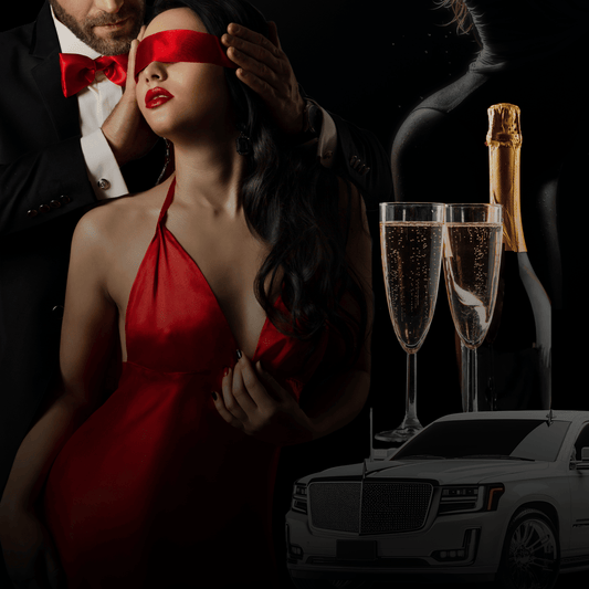 Woman in a red dress with a blindfold, man in a suit, champagne bottle, and car in the background.