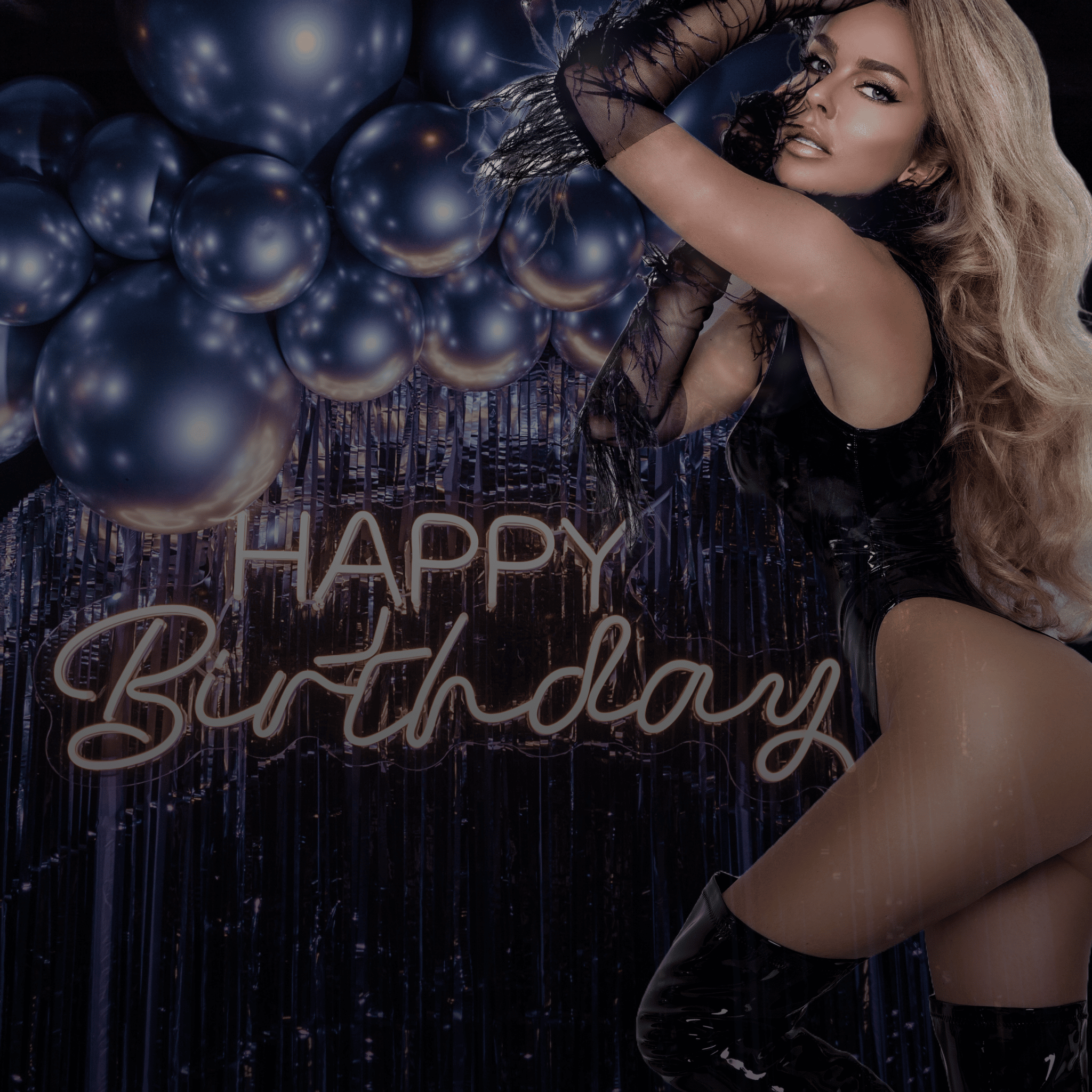 Woman in a black outfit with balloons and 'Happy Birthday' text on a dark background