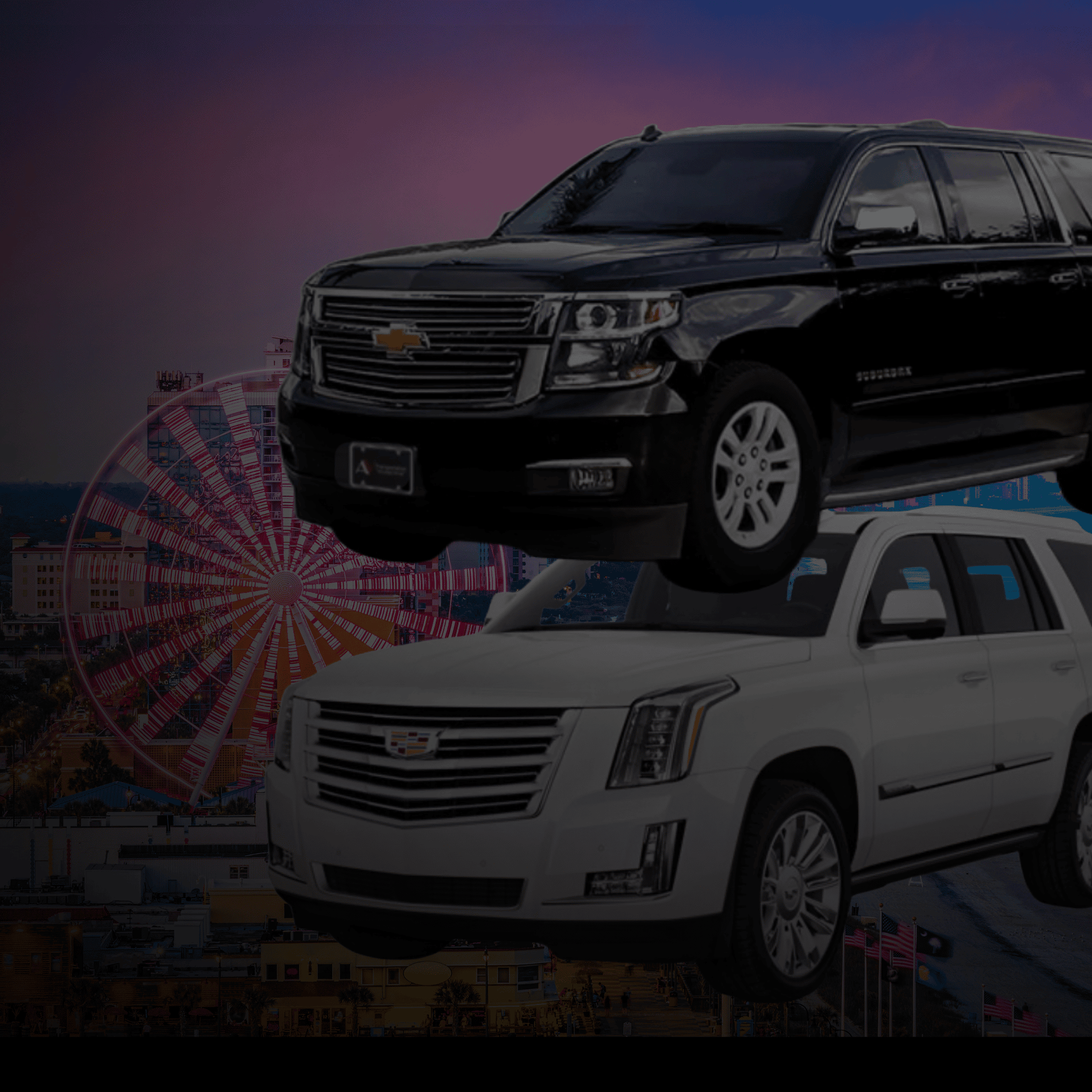 Two SUVs, one black and one white, with a Ferris wheel and roller coaster in the background.